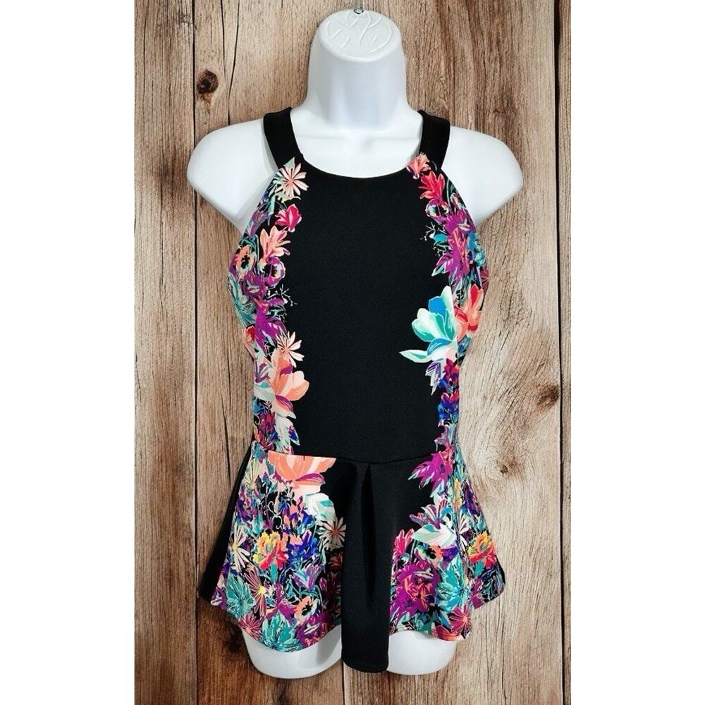 Nicole Miller Floral Peplum Blouse Sz Small Black Sleeveless Top Cross Back